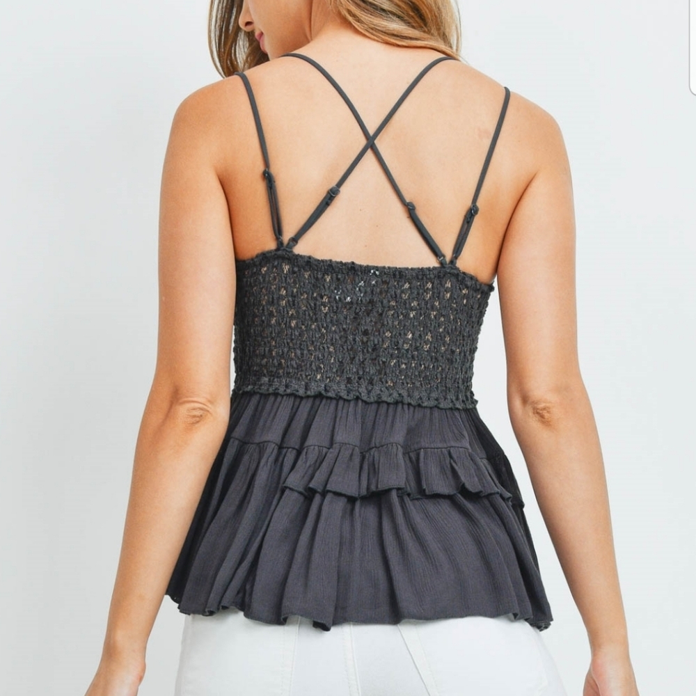 Zenana Dark Gray Peplum Babydoll Lace Camisole - Picture 4 of 6